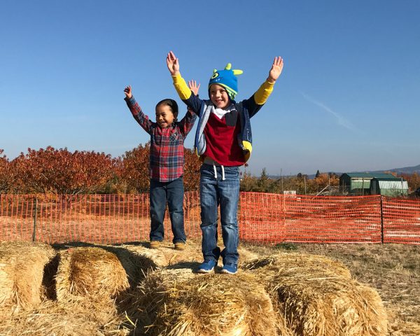 two children standing on hay bales